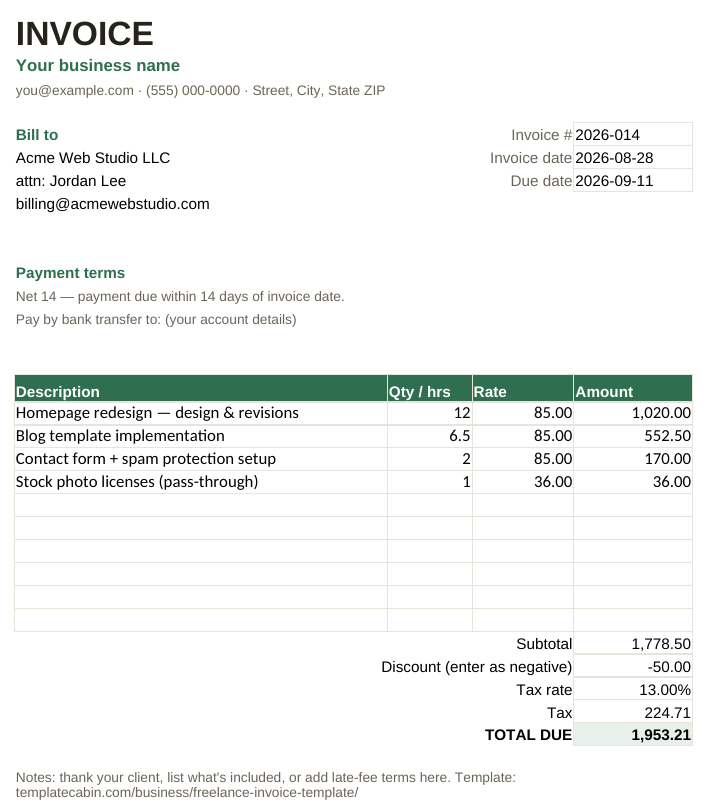 The freelance invoice template filled in with a worked example
