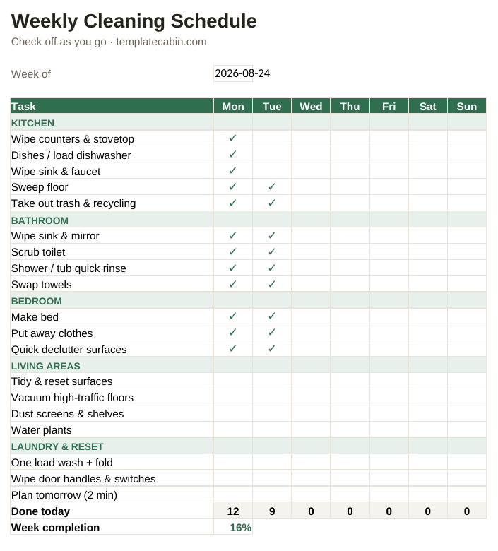 The weekly cleaning schedule with checkmarks filled in for Monday and Tuesday